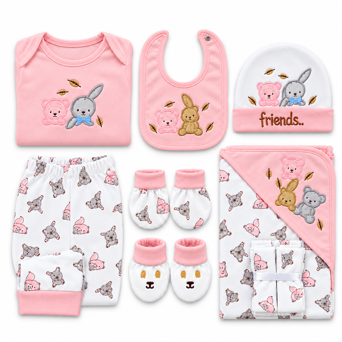 NEWBORN BABY 11 PCS BLOR BUNNY PRINTED STARTER SET – PINK & WHITE