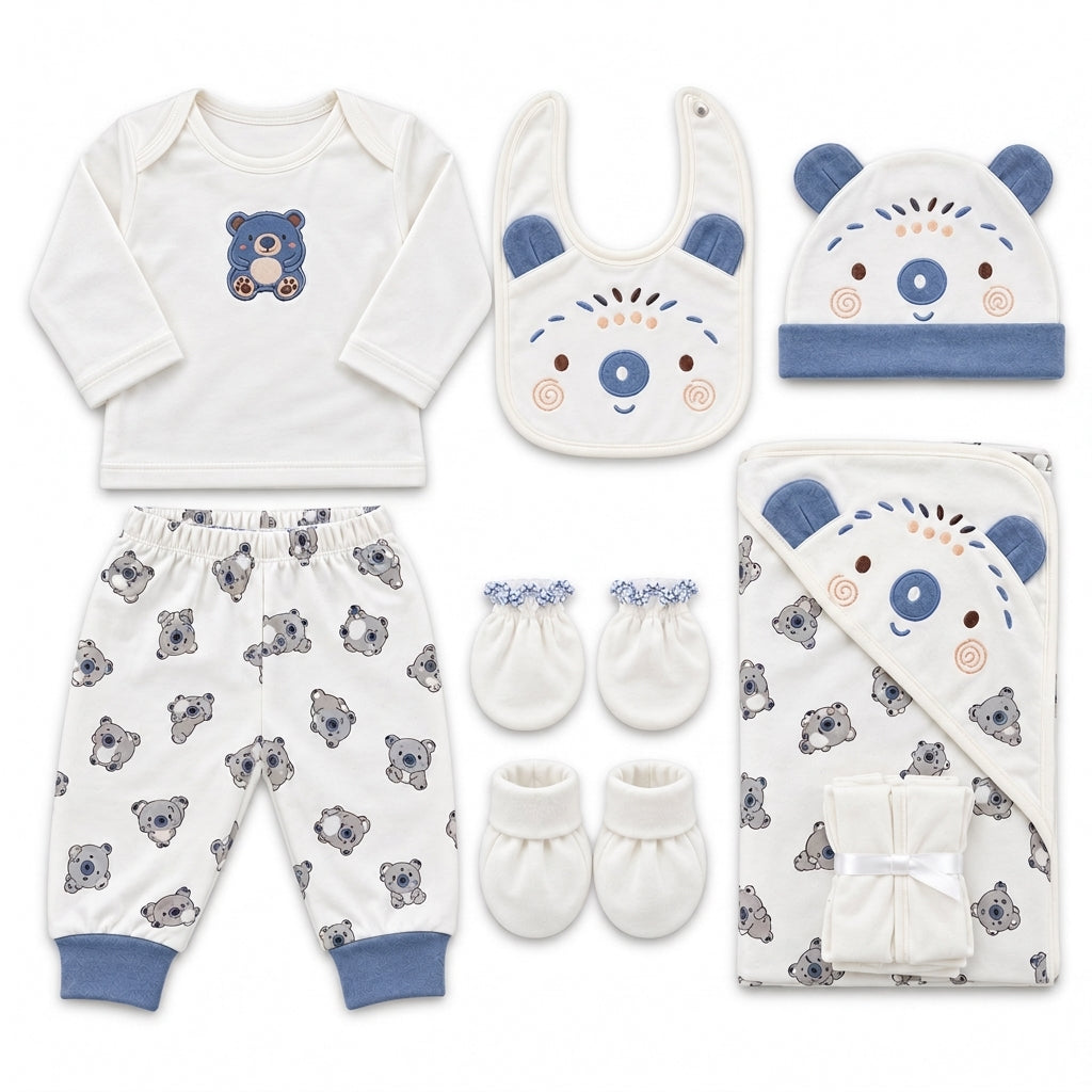 NEWBORN BABY 11 PCS BLOR CUTE BEAR PRINTED STARTER SET – WHITE & BLUE