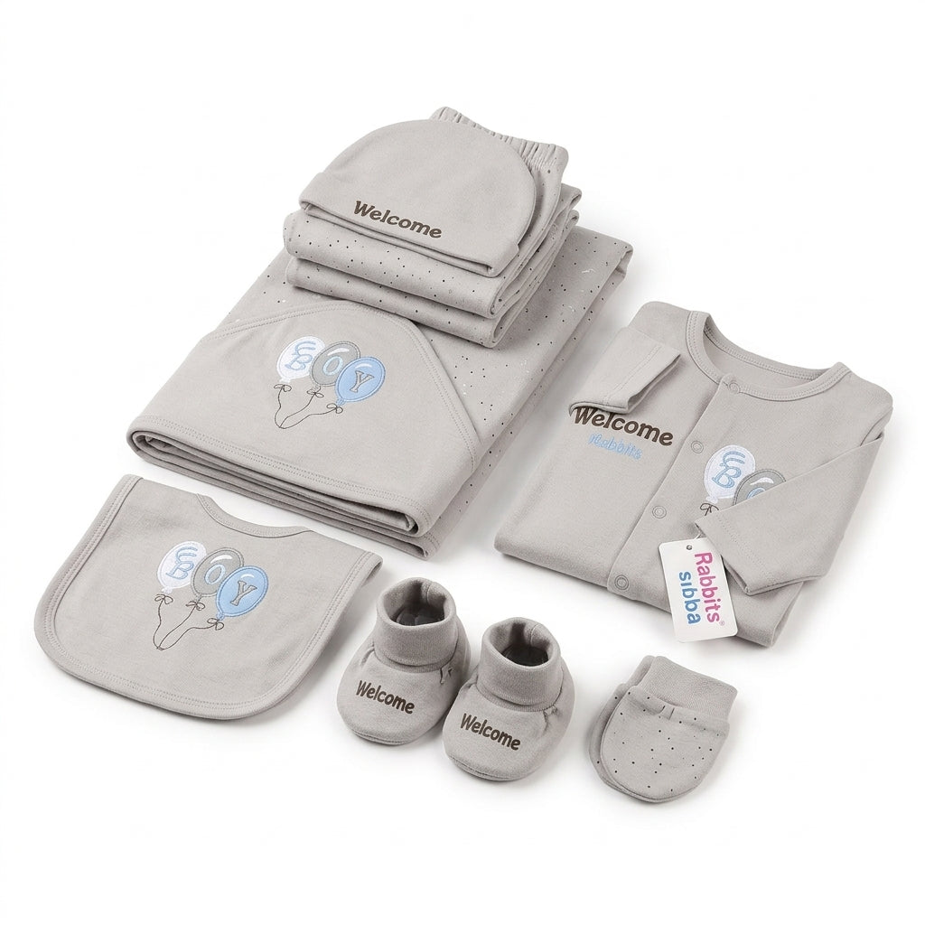 STARTER SET 11 PIECES BABY NEW BORN ESSENTIALS WELCOM BABY PRINT GREY COLOUR