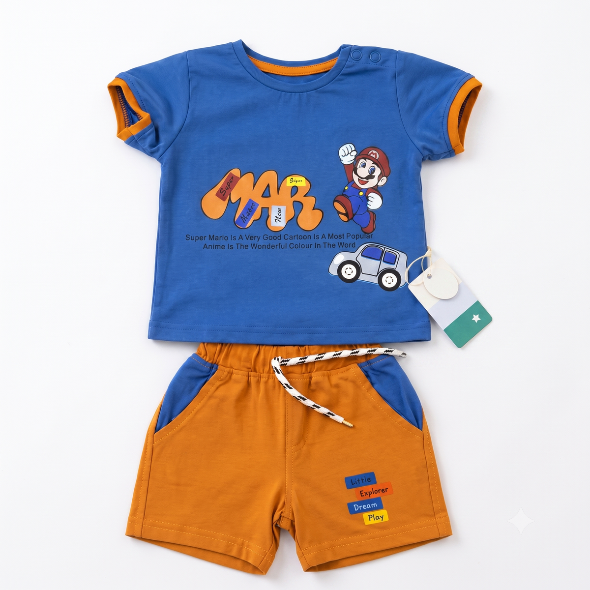 Imported Fabric Super Mario Summer Outfit - Orange & Blue