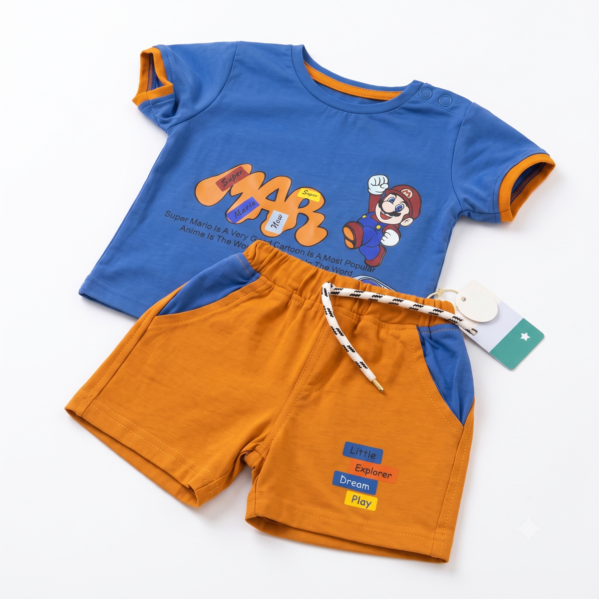 Imported Fabric Super Mario Summer Outfit - Orange & Blue