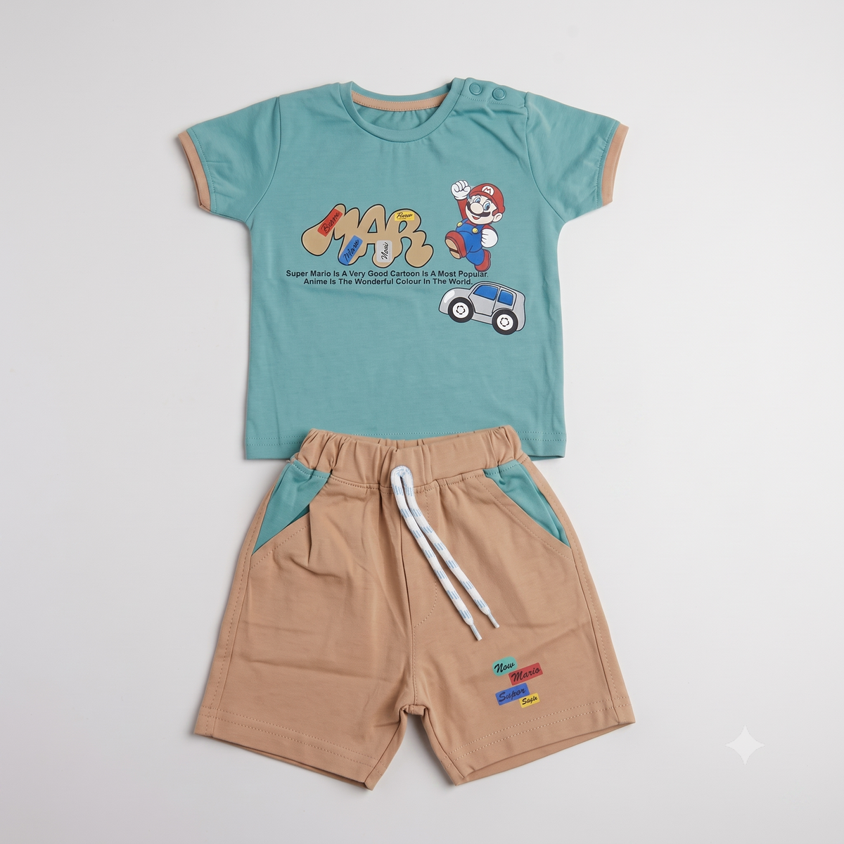 Imported Fabric Mario Summer Outfit - Teal & Beige