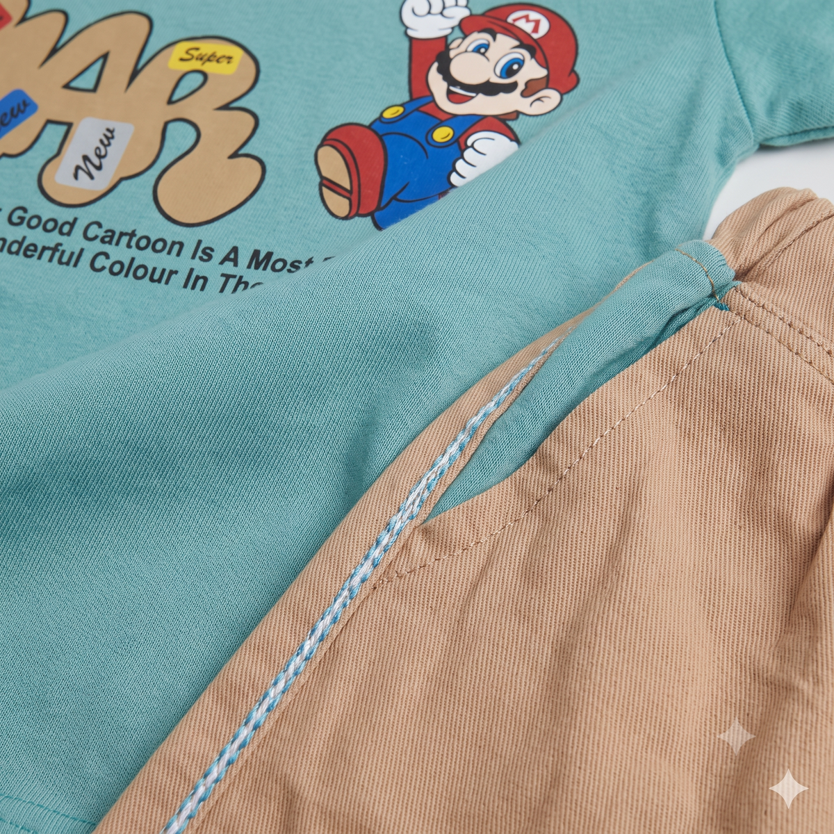 Imported Fabric Mario Summer Outfit - Teal & Beige