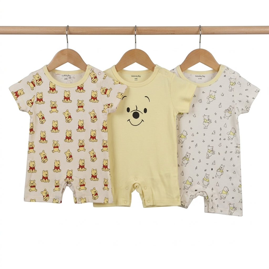 Short-Sleeve Cotton Baby Rompers 3-Pack – Yellow Bear