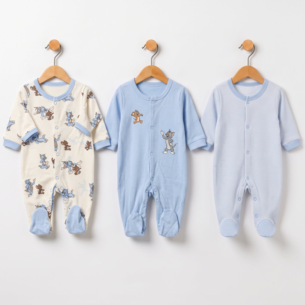 Baby Winter Footed Rompers 3-Pack | Tom & Jerry – Sky Blue