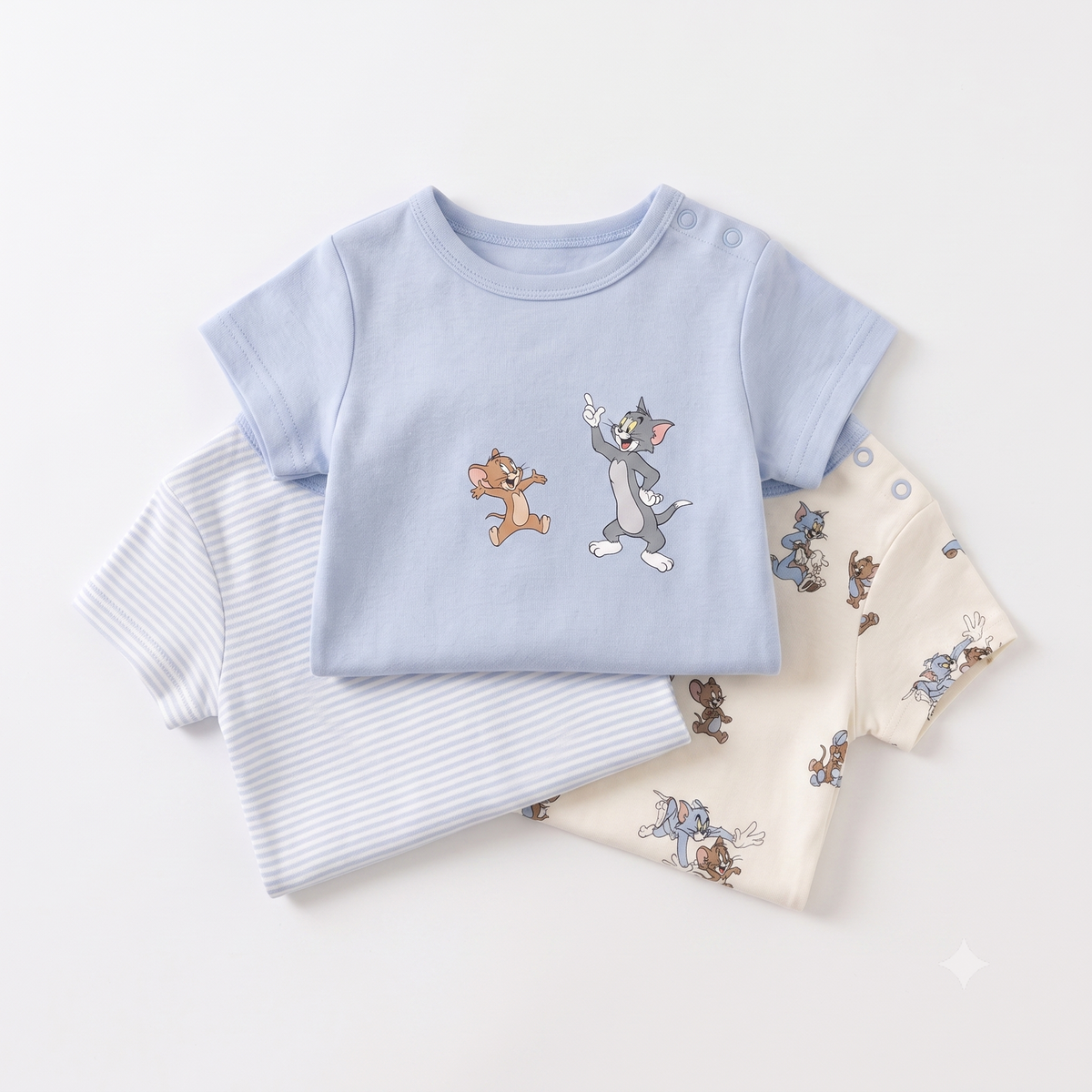 Baby Cotton Rompers 3-Pack, Sky Blue Tom & Jerry Print