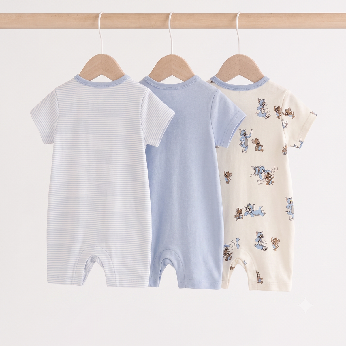 Baby Cotton Rompers 3-Pack, Sky Blue Tom & Jerry Print