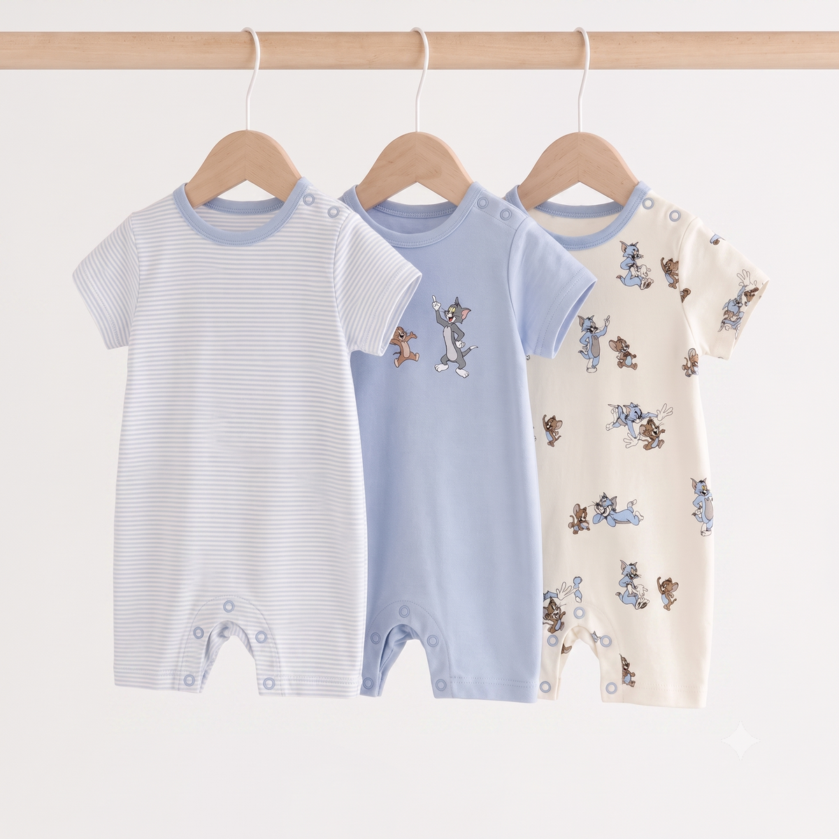 Baby Cotton Rompers 3-Pack, Sky Blue Tom & Jerry Print
