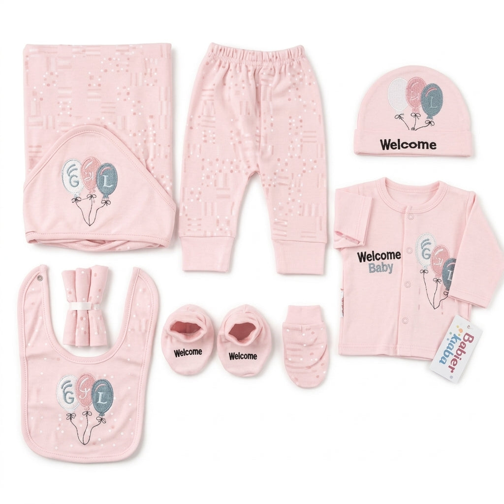 STARTER SET 11 PIECES BABY NEW BORN ESSENTIALS WELCOM BABY PRINT PINK COLOUR