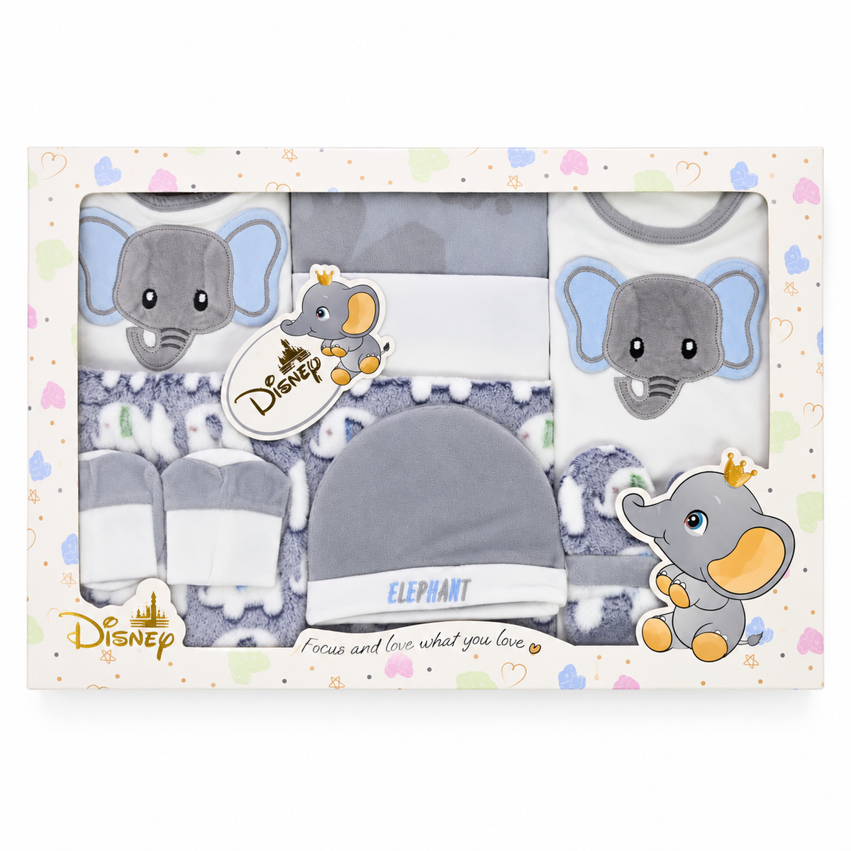 NEWBORN BABY 10 PCS ELEPHANT EMB PREMIUM GIFT BOX SET – GREY & WHITE