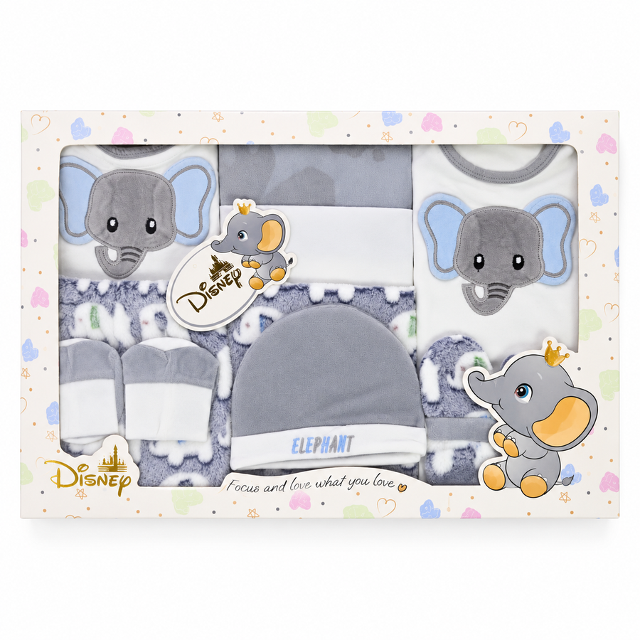 NEWBORN BABY 10 PCS ELEPHANT EMB PREMIUM GIFT BOX SET – GREY & WHITE
