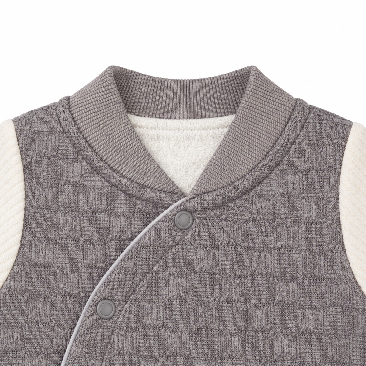 Grey Textured Teddy Bear Embroidered Romper – Gray Romper Crossover Collar Detail