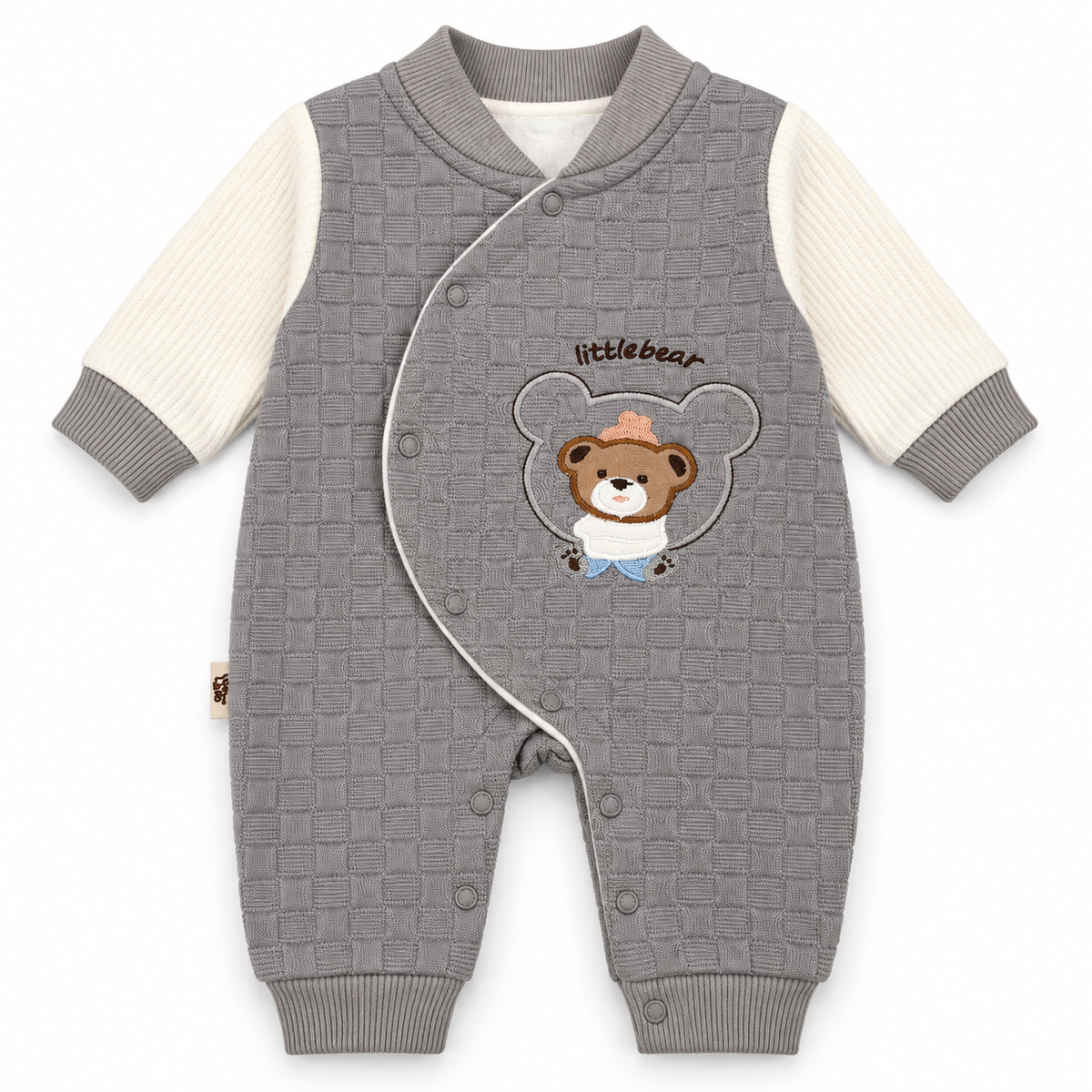 Grey Textured Teddy Bear Embroidered Romper – Gray bear-embroidered baby romper