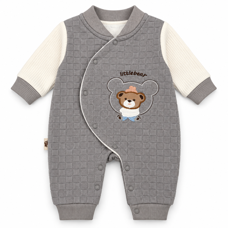 Grey Textured Teddy Bear Embroidered Romper – Gray bear-embroidered baby romper