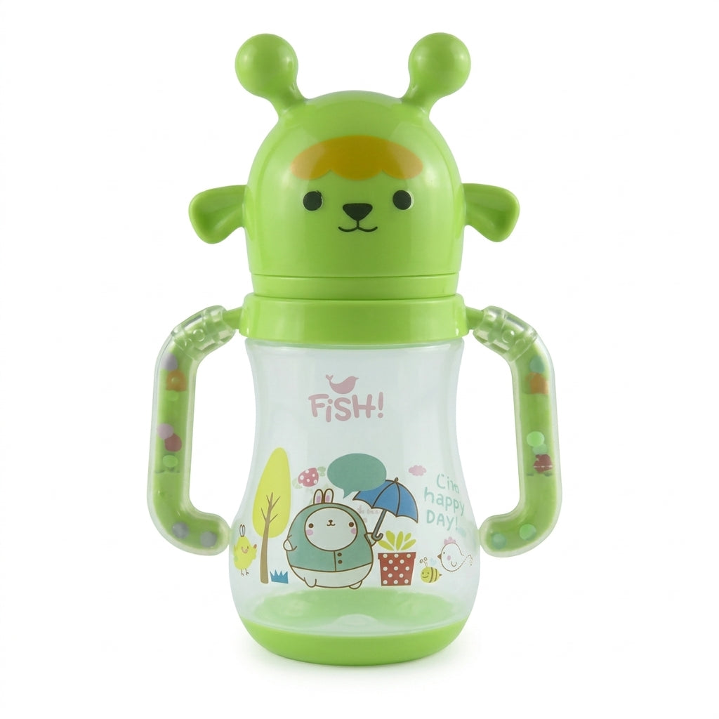 BABY FEEDING BOTTLE ANIMAL SKIN BROWN RATTLE HANDLE FISH