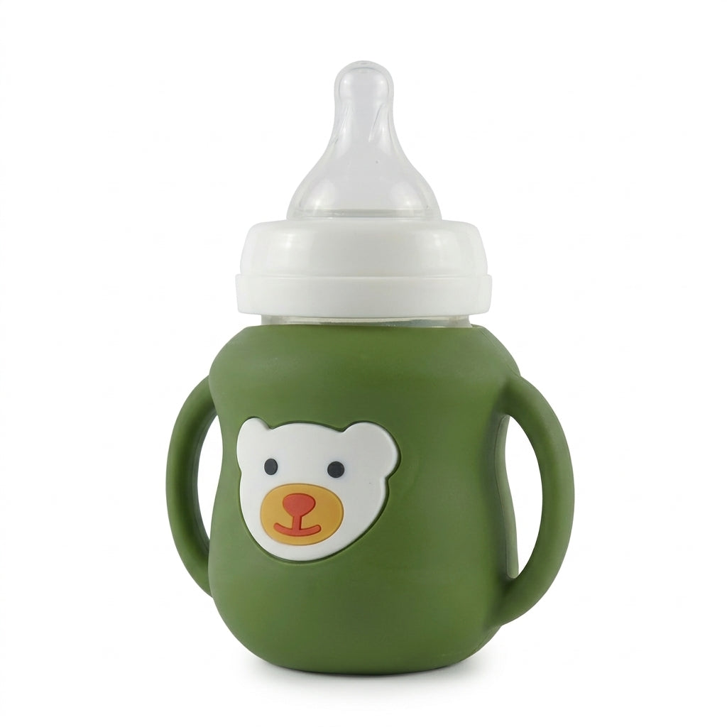 BABY GLASS FEEDER BEAR HANDLE GREEN