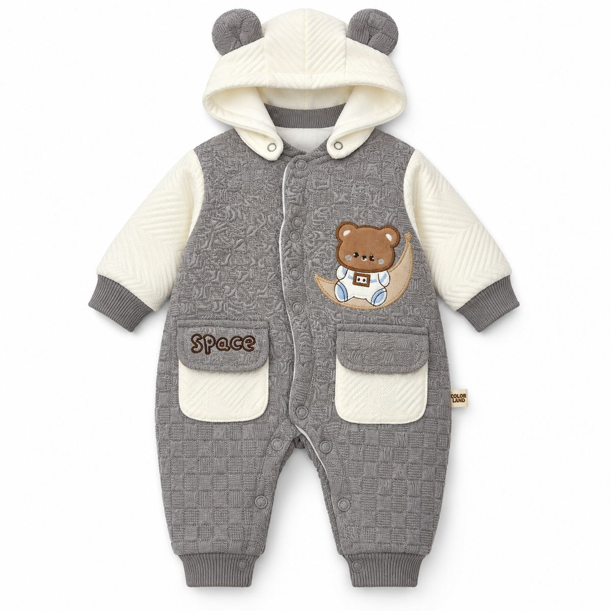 Grey & White Hooded Teddy Bear Embroidered Romper – Grey-and-ivory space bear baby romper