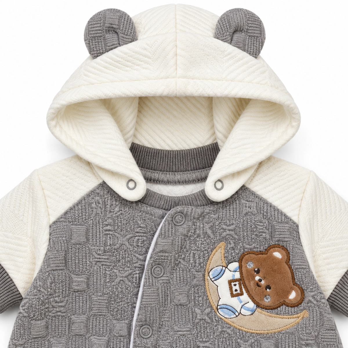 Grey & White Hooded Teddy Bear Embroidered Romper – Grey and ivory bear-ear hood detail
