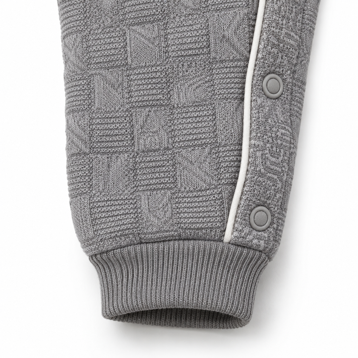 Grey & White Hooded Teddy Bear Embroidered Romper – Grey jacquard ankle cuff close-up