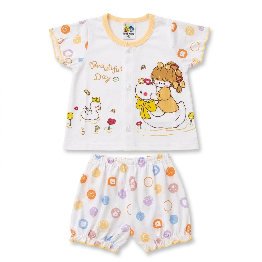 IMPORTED 100% COTTON SUMMER BABY GIRL HALF SLEEVE SUIT SWAN PRINT