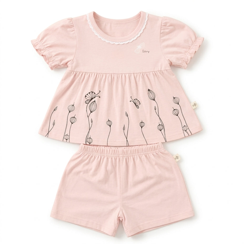 Imported Baby Girls Cotton Frock & Shorts - Pink Butterfly