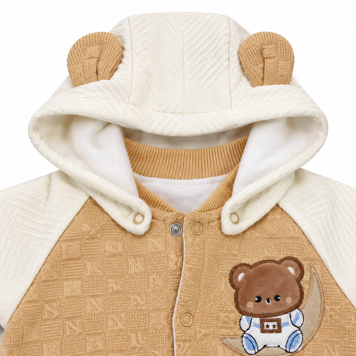 Brown & White Hooded Teddy Bear Embroidered Romper – Ivory Bear-Ear Hood and Snap Detail
