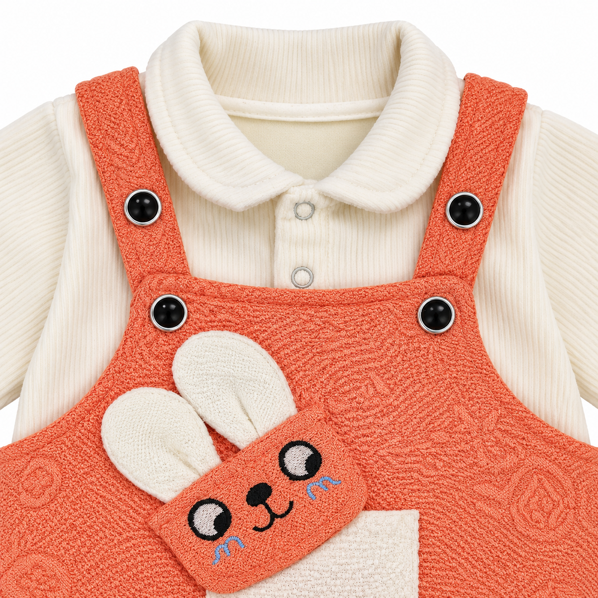 Peach & White Bunny Dungaree Romper & Shirt Set – Ivory Collar and Coral Strap Detail