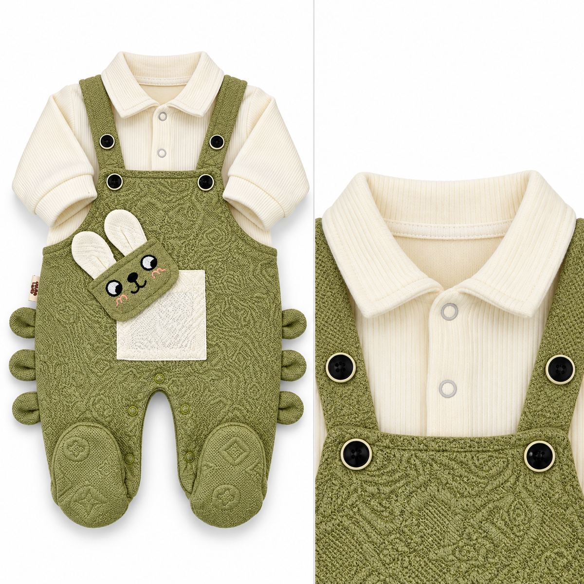 Green & White Bunny Dungaree Romper & Shirt Set – Ivory Collar and Olive Dungaree Close-Up