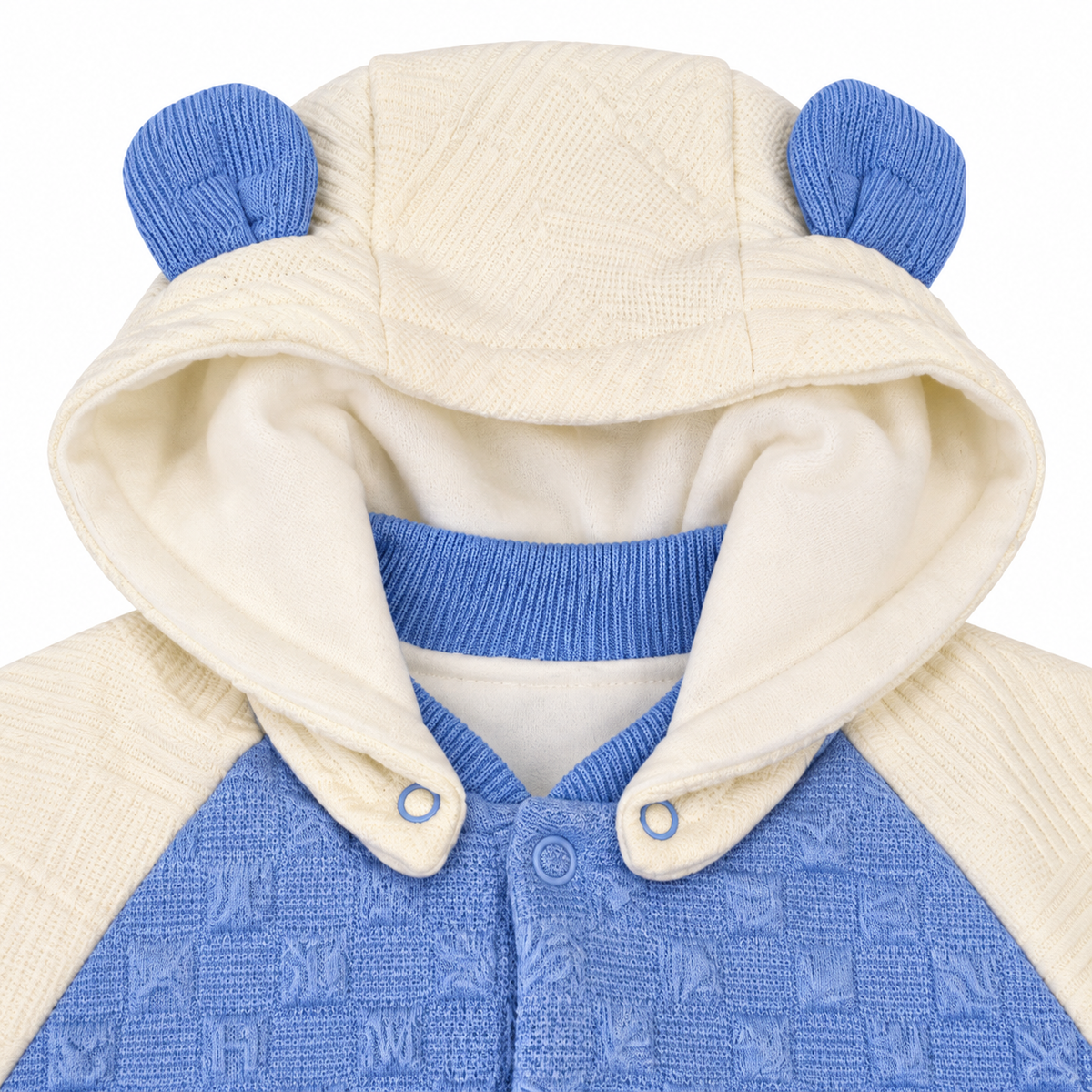 Sky Blue & White Hooded Teddy Bear Embroidered Romper – Ivory Hood with Blue Snap Detail
