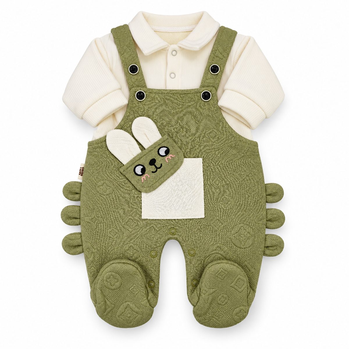 Green & White Bunny Dungaree Romper & Shirt Set – Ivory Shirt and Moss Rabbit Dungaree Set
