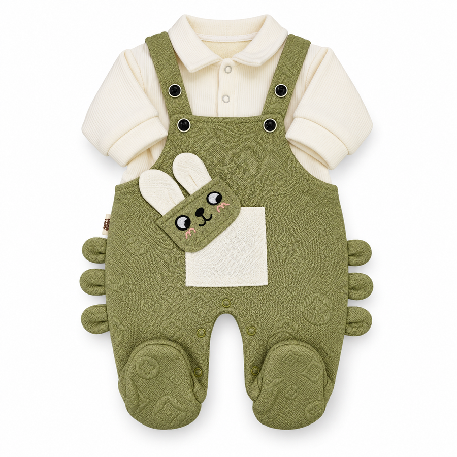 Green & White Bunny Dungaree Romper & Shirt Set – Ivory Shirt and Moss Rabbit Dungaree Set
