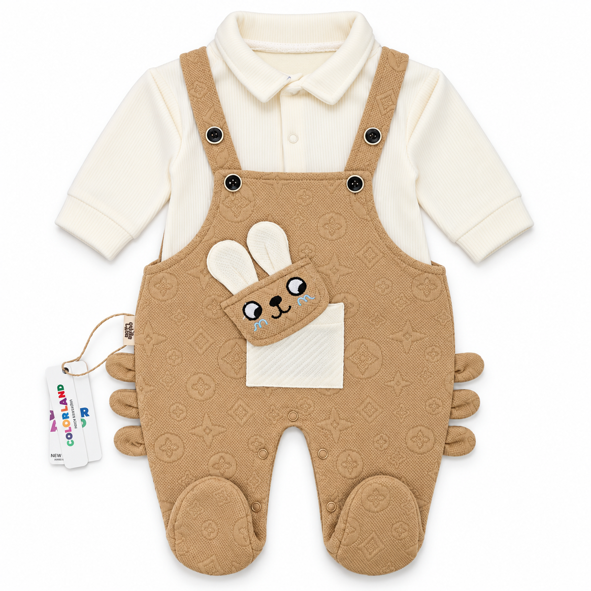 Brown & White Bunny Dungaree Romper & Shirt Set – Ivory and tan baby outfit flat lay