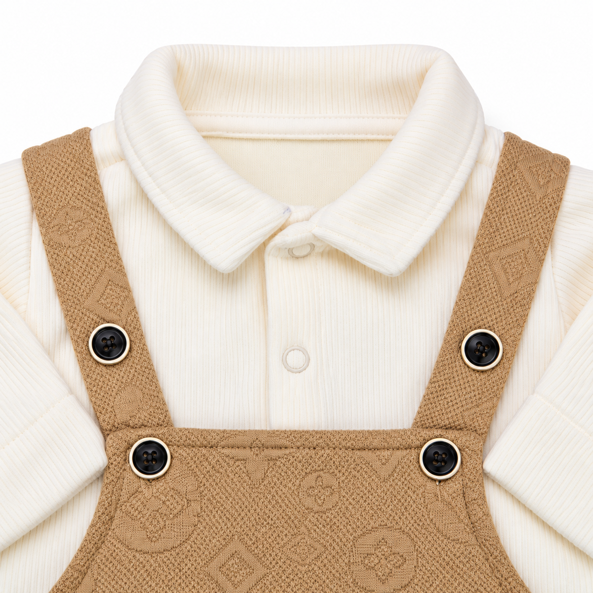 Brown & White Bunny Dungaree Romper & Shirt Set – Ivory collar with tan strap buttons