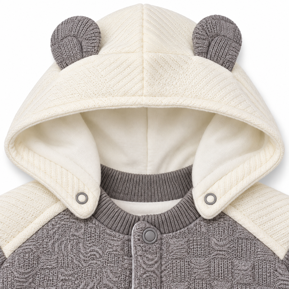 Grey & White Hooded Teddy Bear Embroidered Romper – Ivory hood with gray ear tabs