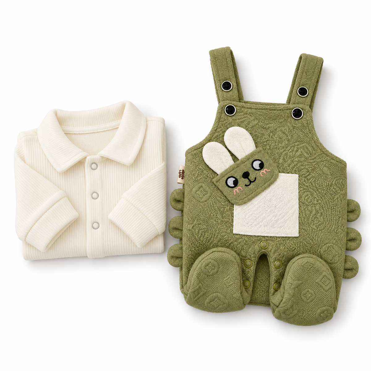 Green & White Bunny Dungaree Romper & Shirt Set – Ivory shirt and olive bunny dungarees