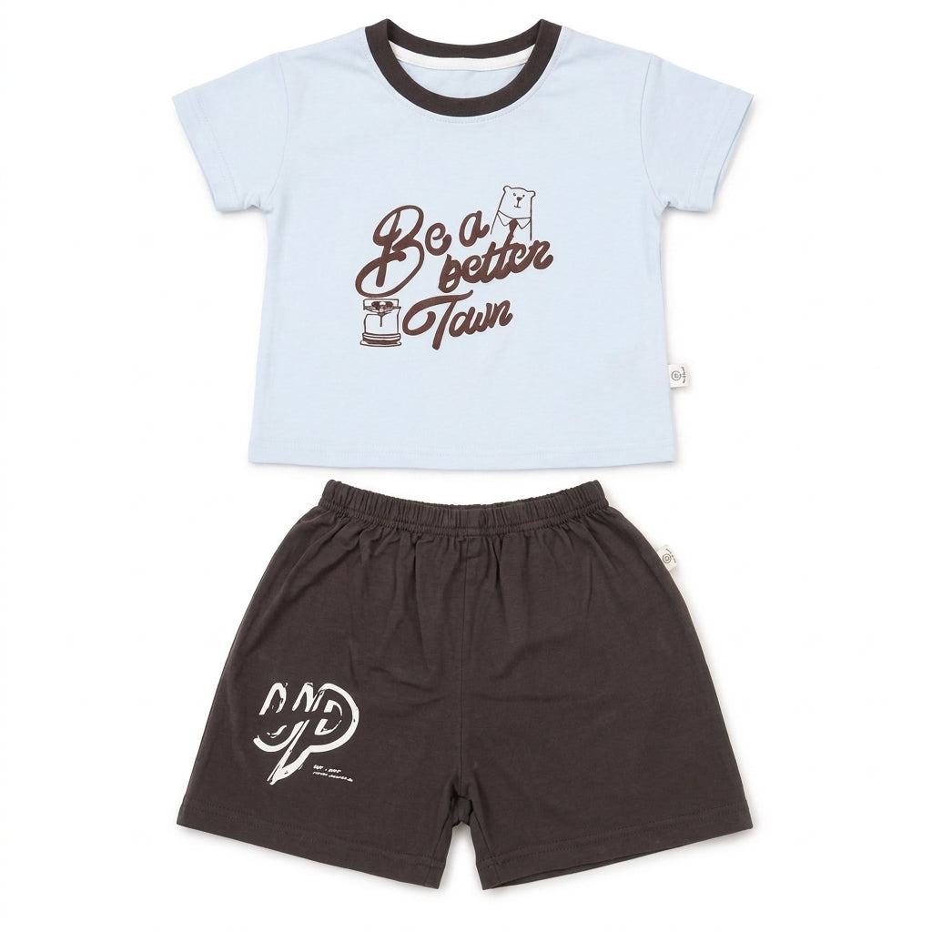 Baby Imported Cotton T-Shirt & Shorts - Sky Blue & Dark Grey