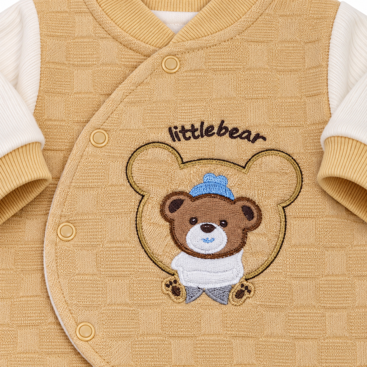 Brown Textured Teddy Bear Embroidered Romper – Little Bear Embroidery on Baby Romper