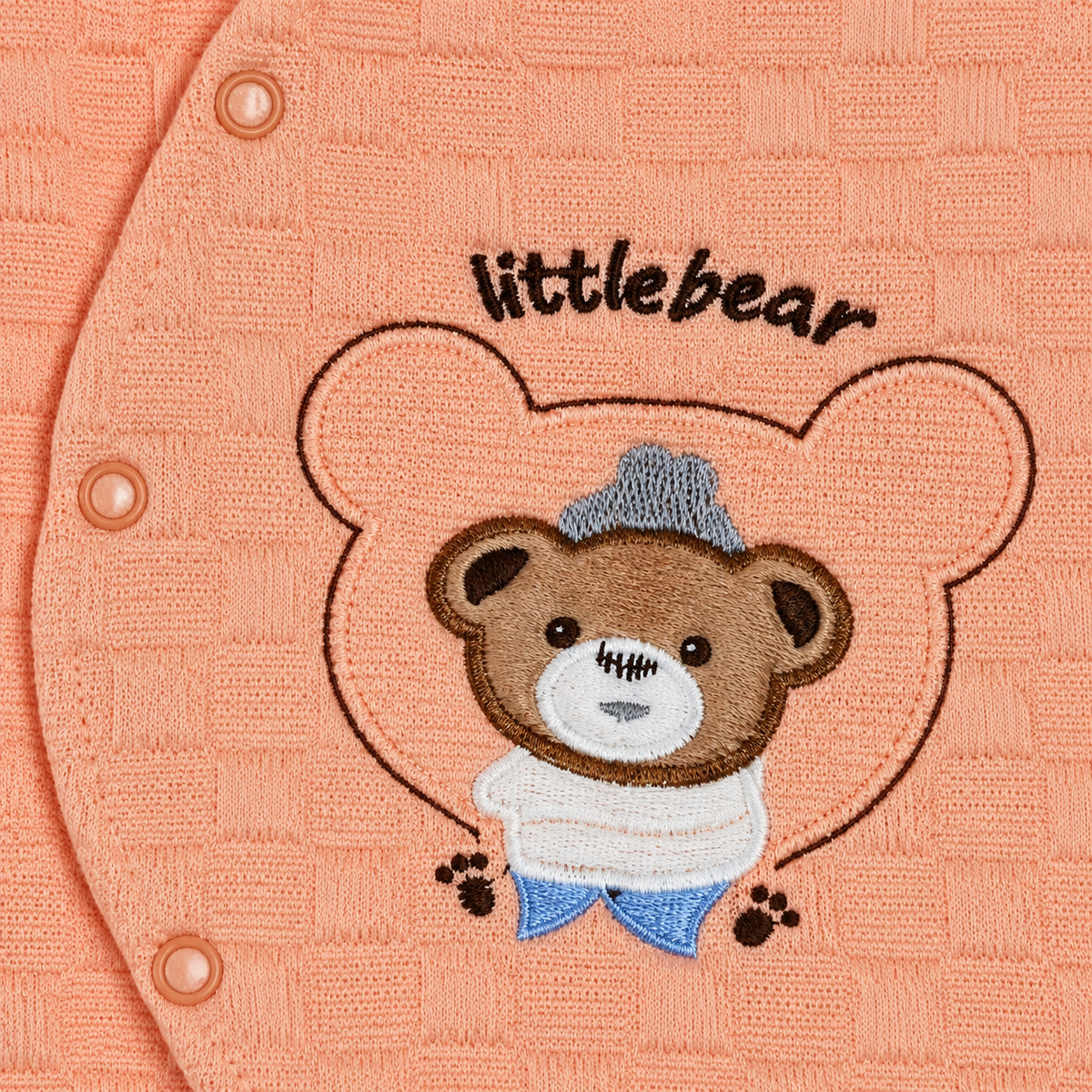 Peach Textured Teddy Bear Embroidered Romper – Little Bear Embroidery on Peach Romper