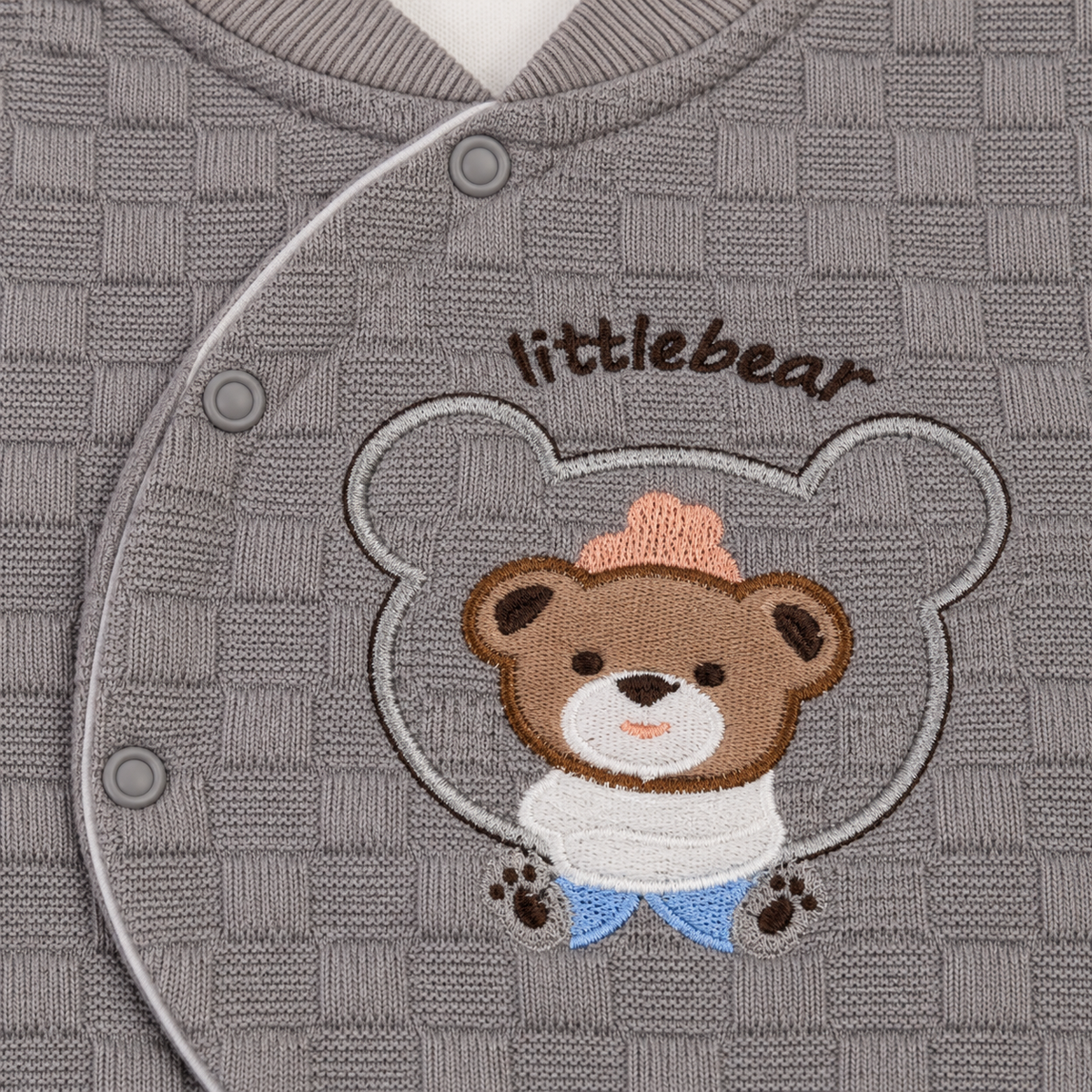 Grey Textured Teddy Bear Embroidered Romper – Little Bear Romper Embroidery Detail