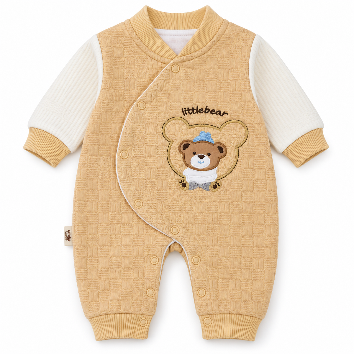Brown Textured Teddy Bear Embroidered Romper – Little bear embroidered baby romper