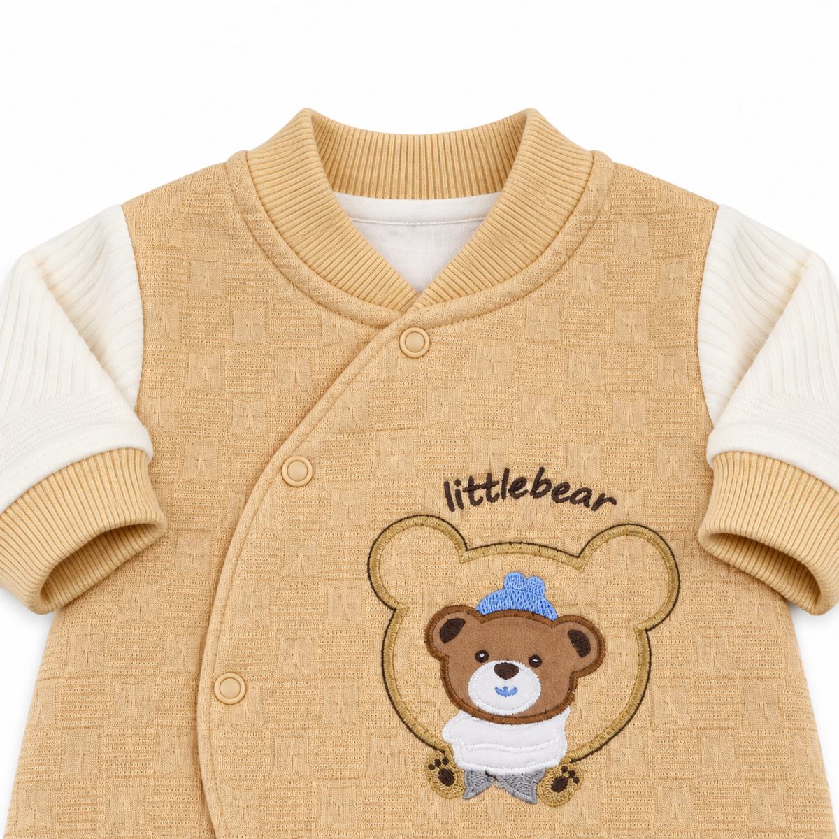 Brown Textured Teddy Bear Embroidered Romper – Little bear romper neckline detail