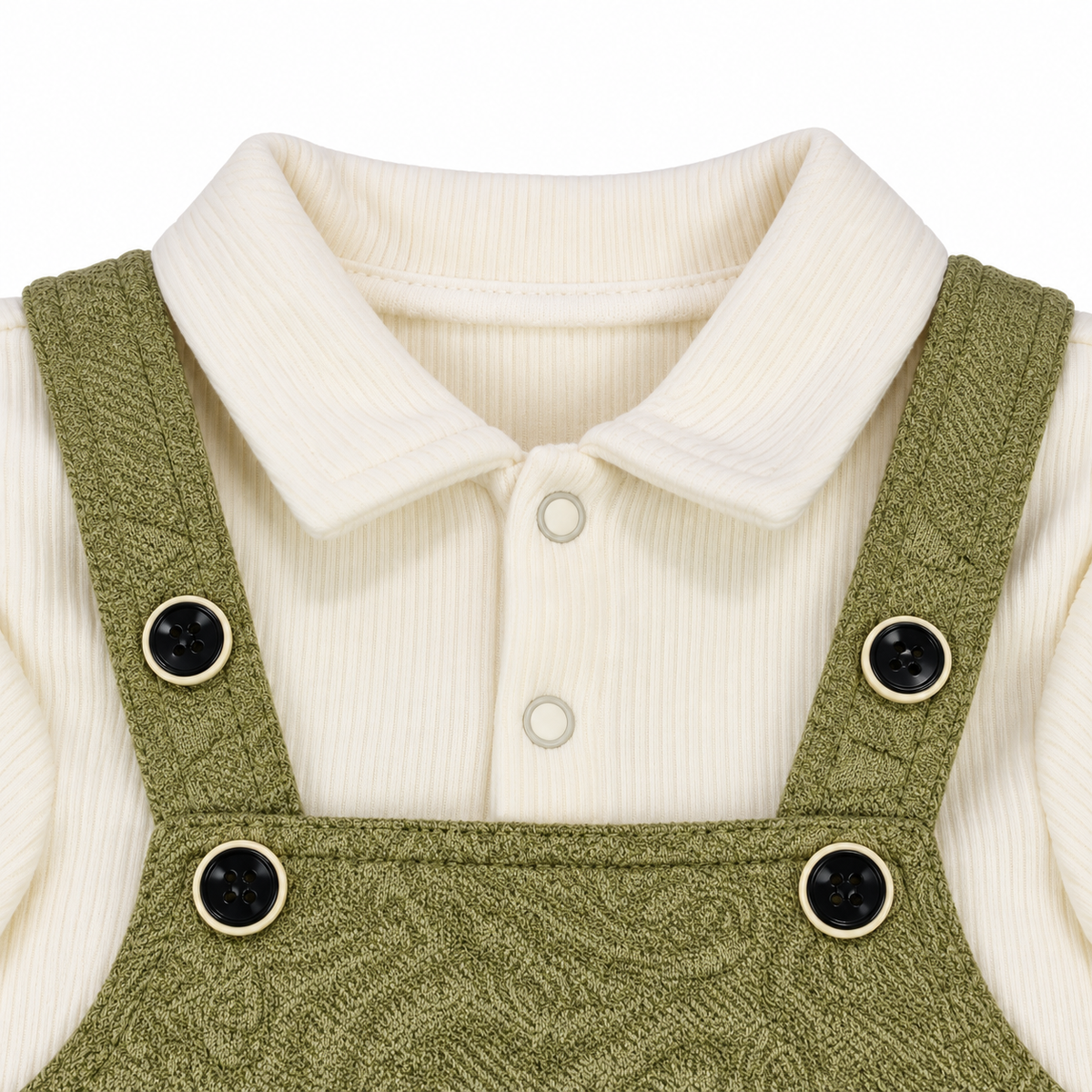Green & White Bunny Dungaree Romper & Shirt Set – Olive dungaree neckline with ivory ribbing