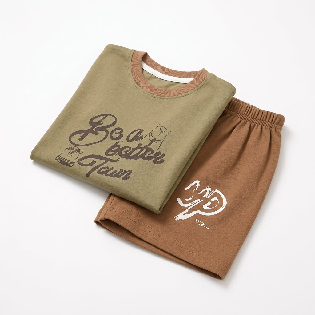 Baby Imported Cotton T-Shirt & Shorts - Olive Green & Brown