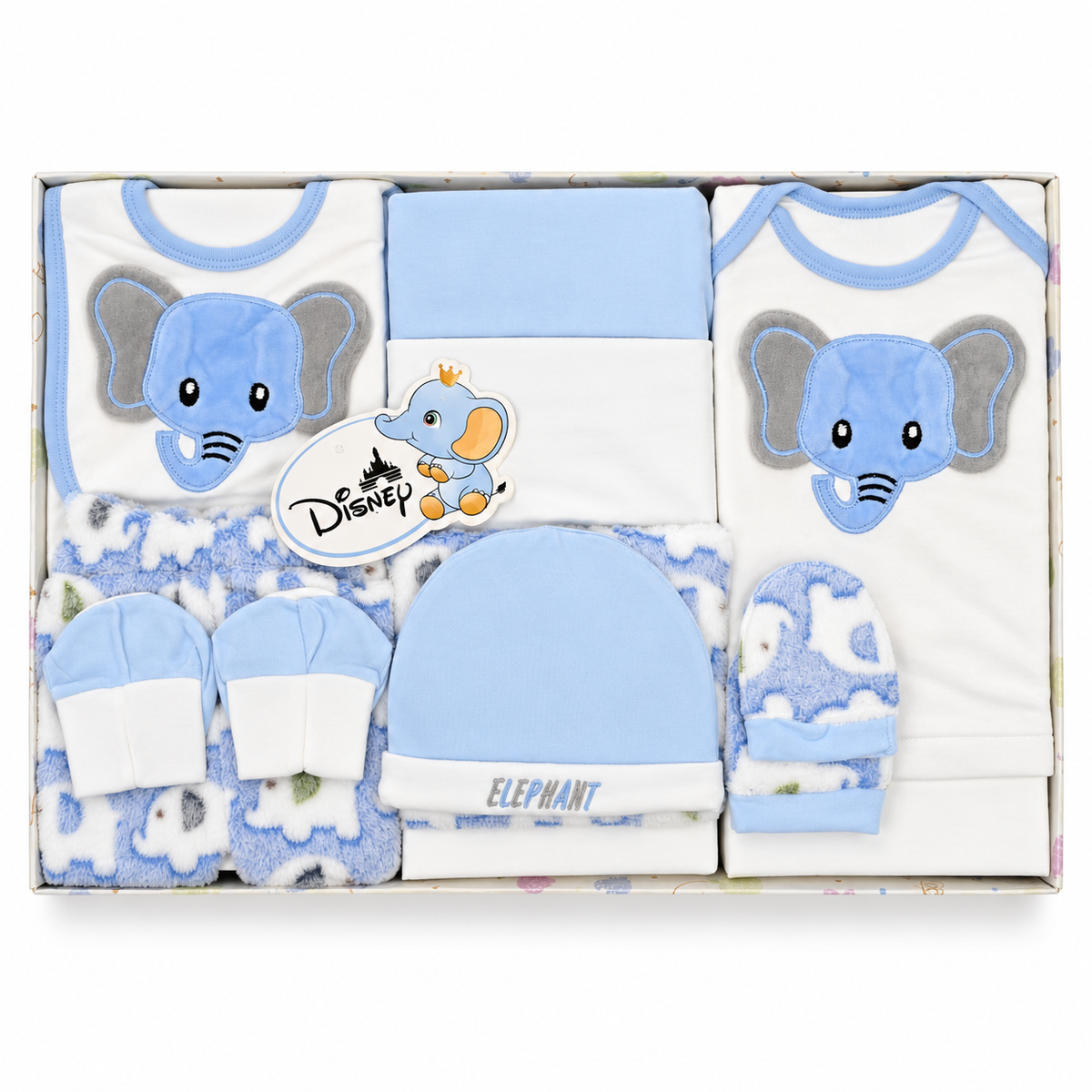 NEWBORN BABY 10 PCS ELEPHANT EMB PREMIUM GIFT BOX SET – BLUE & WHITE
