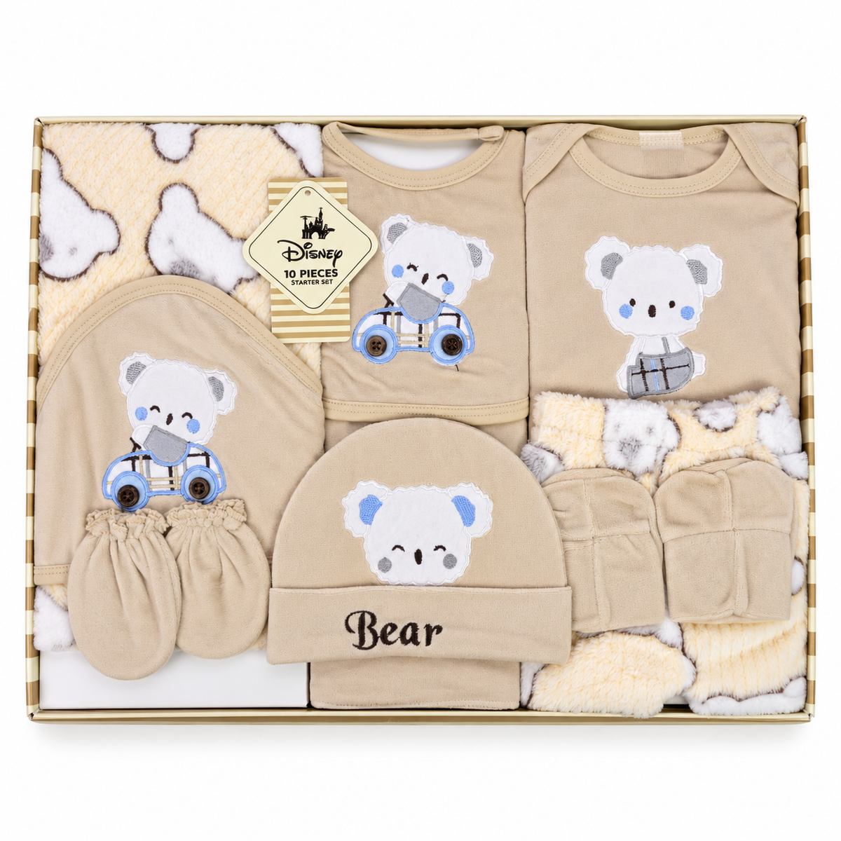 NEWBORN BABY 10 PCS TEDDY BEAR EMB PREMIUM GIFT BOX SET – BROWN