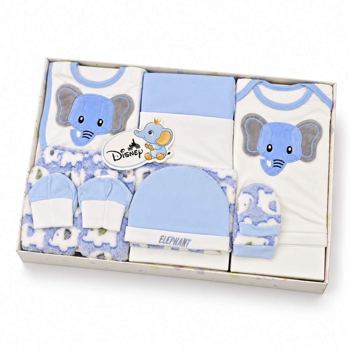NEWBORN BABY 10 PCS ELEPHANT EMB PREMIUM GIFT BOX SET – BLUE & WHITE