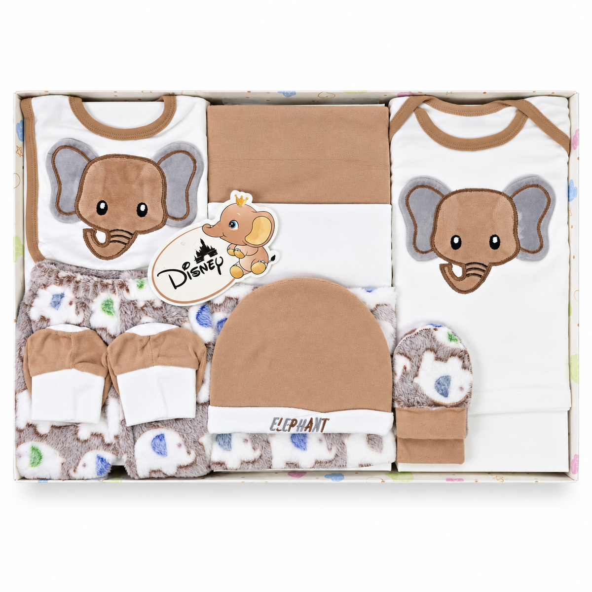 NEWBORN BABY 10 PCS ELEPHANT EMB PREMIUM GIFT BOX SET – BROWN & WHITE