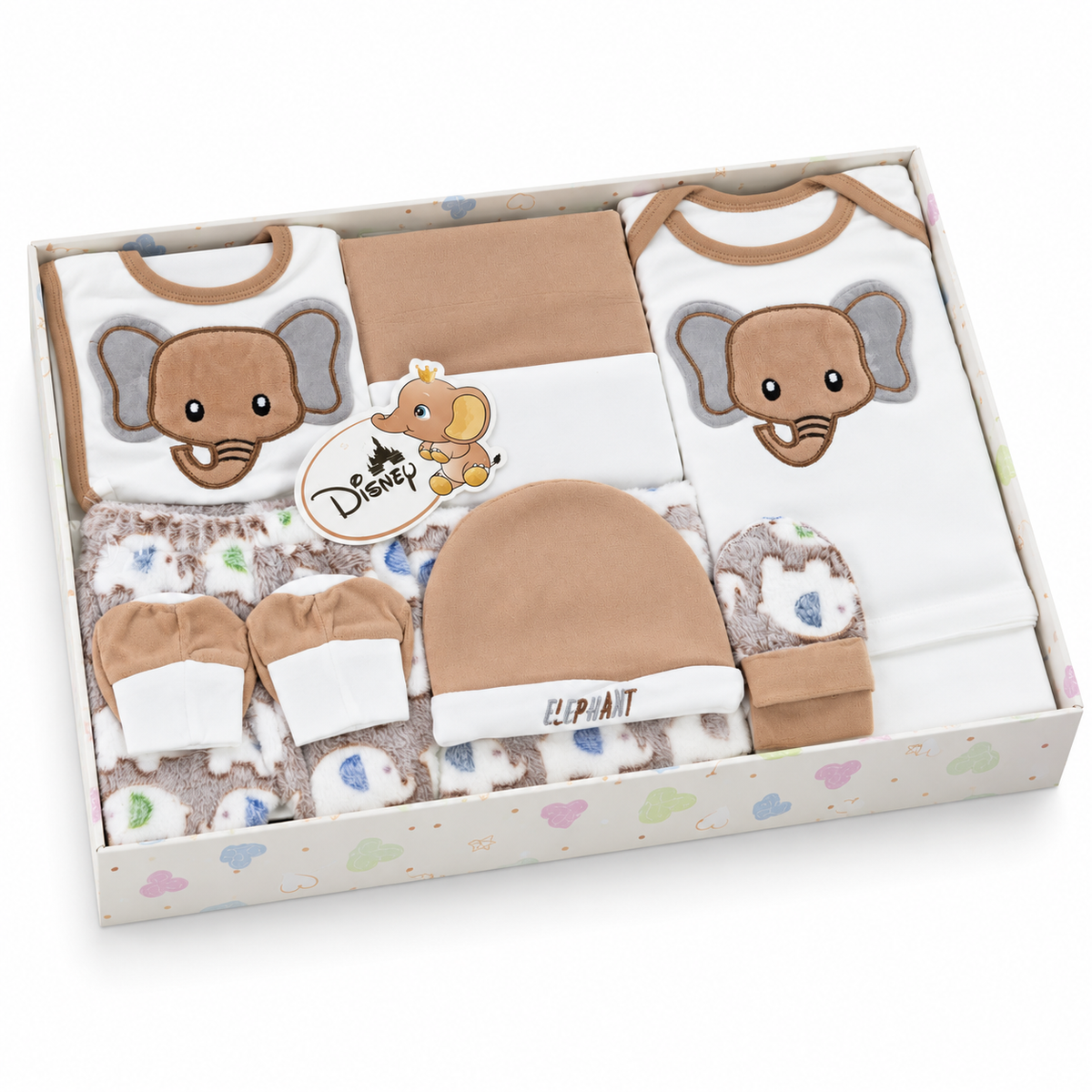 NEWBORN BABY 10 PCS ELEPHANT EMB PREMIUM GIFT BOX SET – BROWN & WHITE