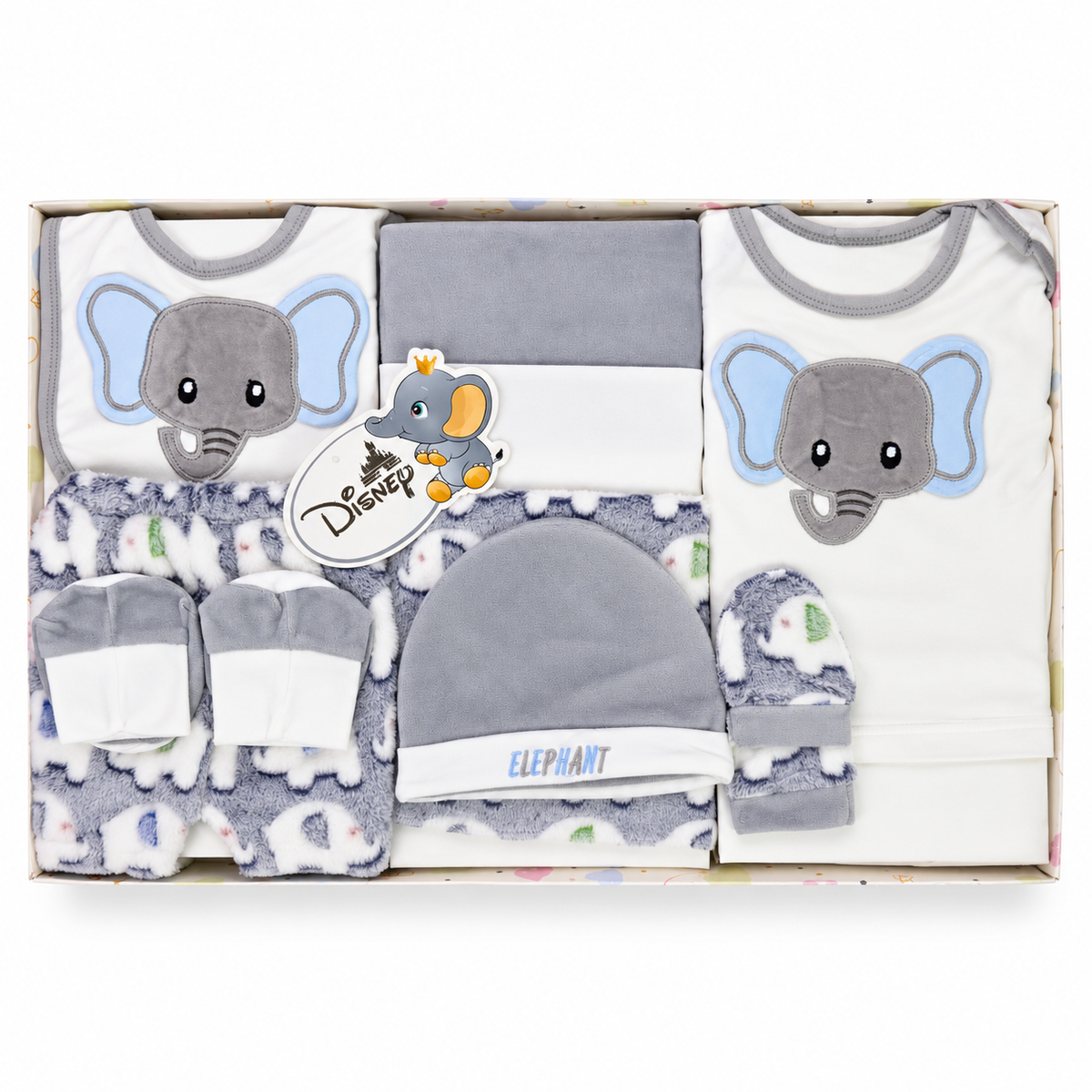 NEWBORN BABY 10 PCS ELEPHANT EMB PREMIUM GIFT BOX SET – GREY & WHITE
