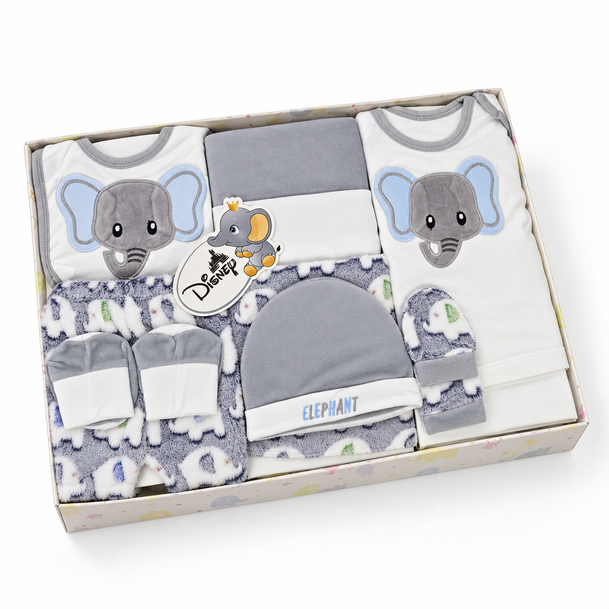 NEWBORN BABY 10 PCS ELEPHANT EMB PREMIUM GIFT BOX SET – GREY & WHITE